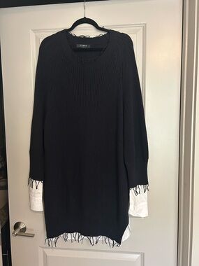 CAARA Black Long Sleeve Knit Dress with Fringe
